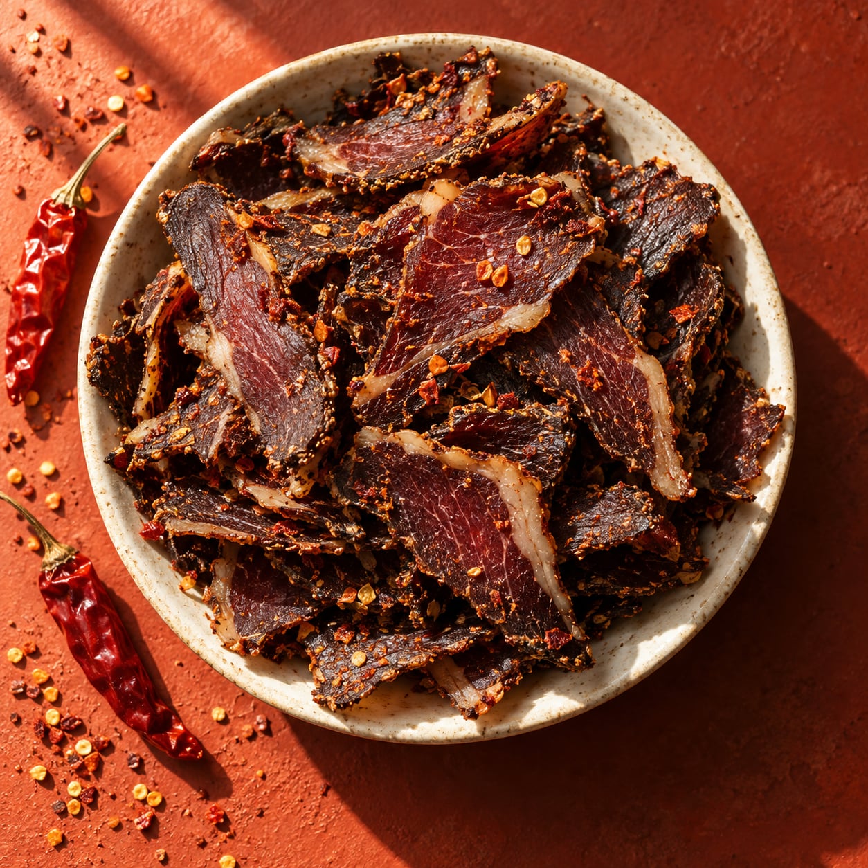 Chilli biltong in a cream bowl with dried red chillies on terracotta