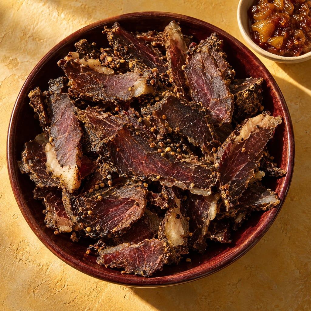 BBQ / Chutney biltong with its flavour ingredients in warm afternoon light