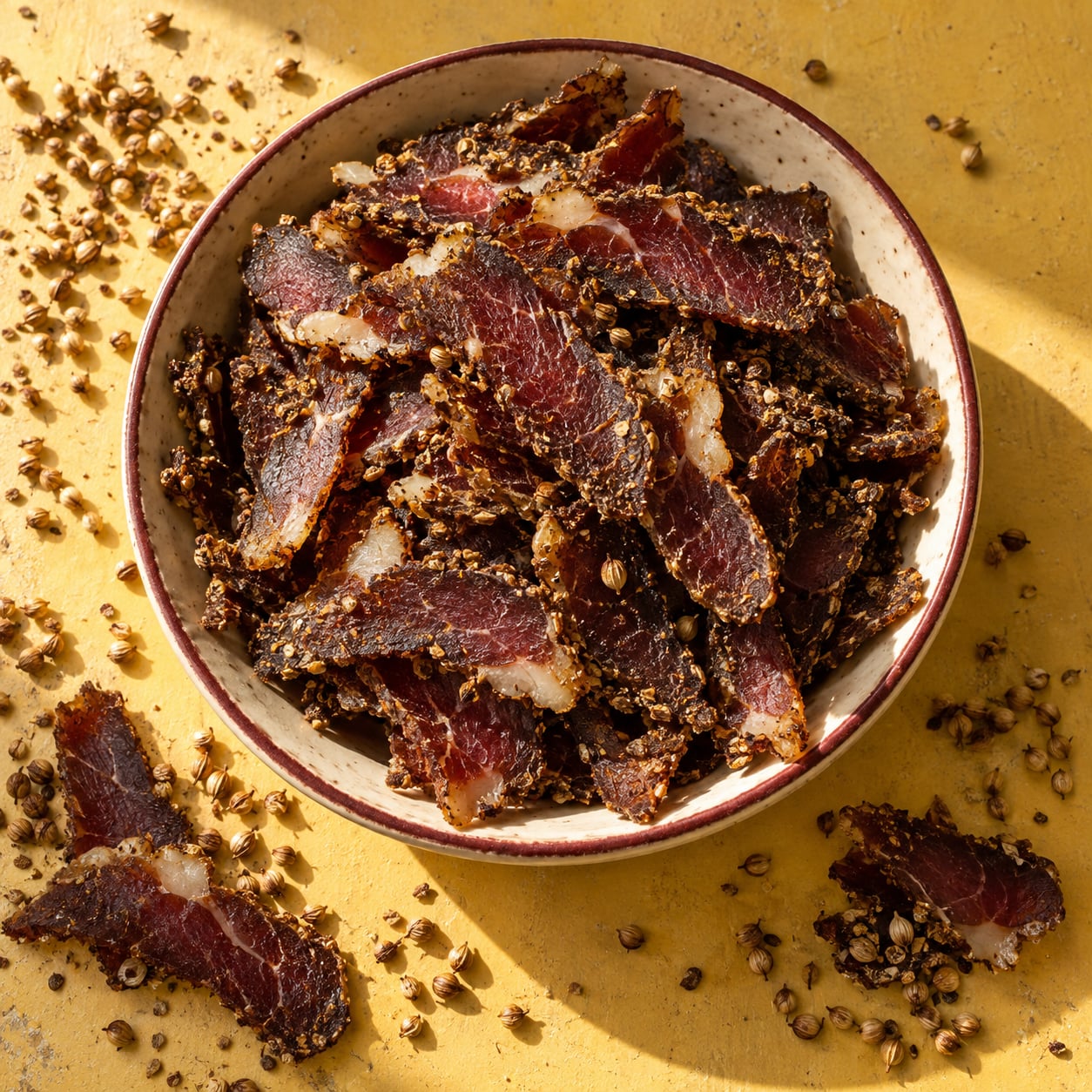 Classic coriander biltong in an ivory bowl on a yellow table