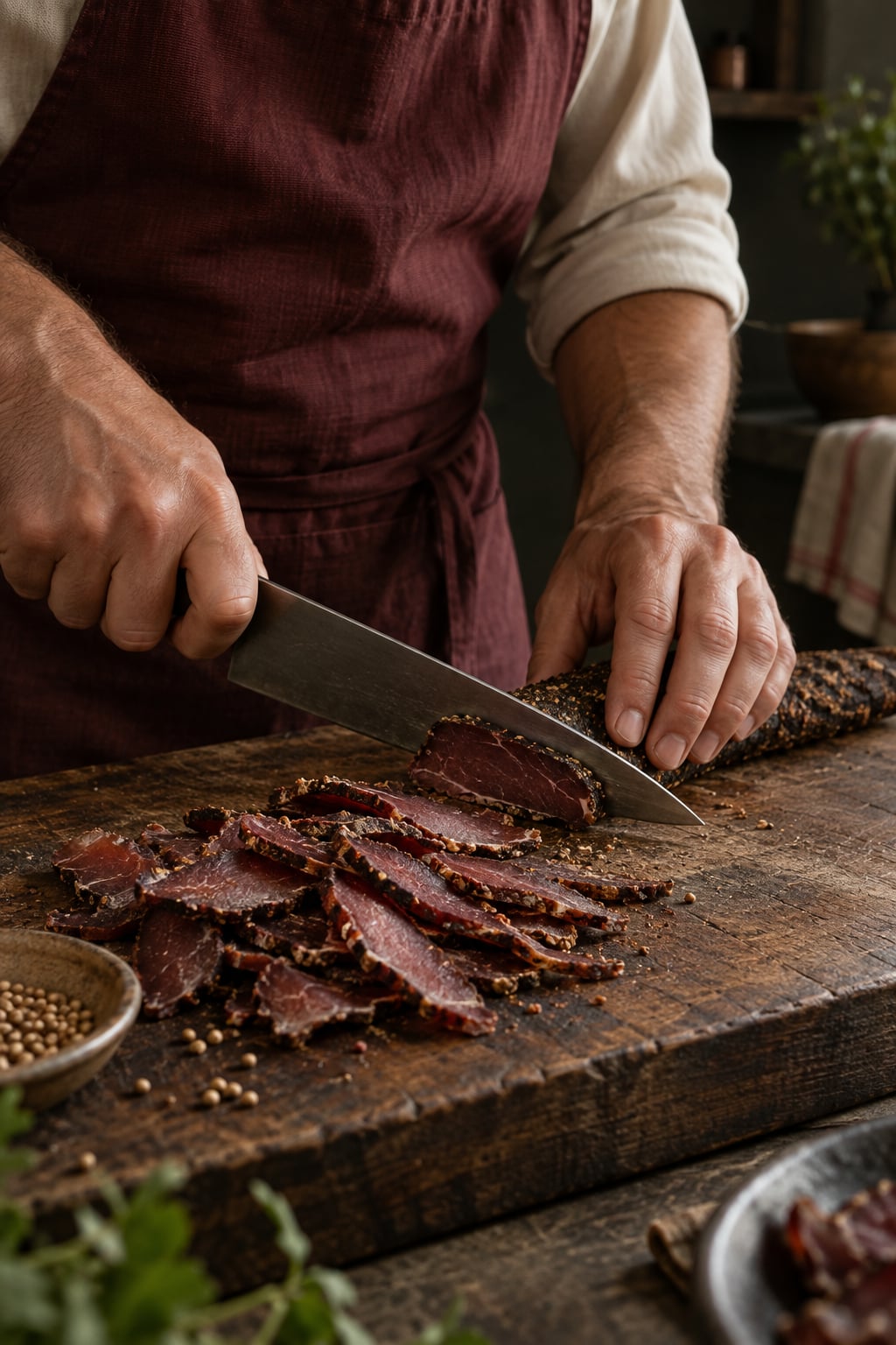 Hands carefully slicing cured biltong on a wooden board