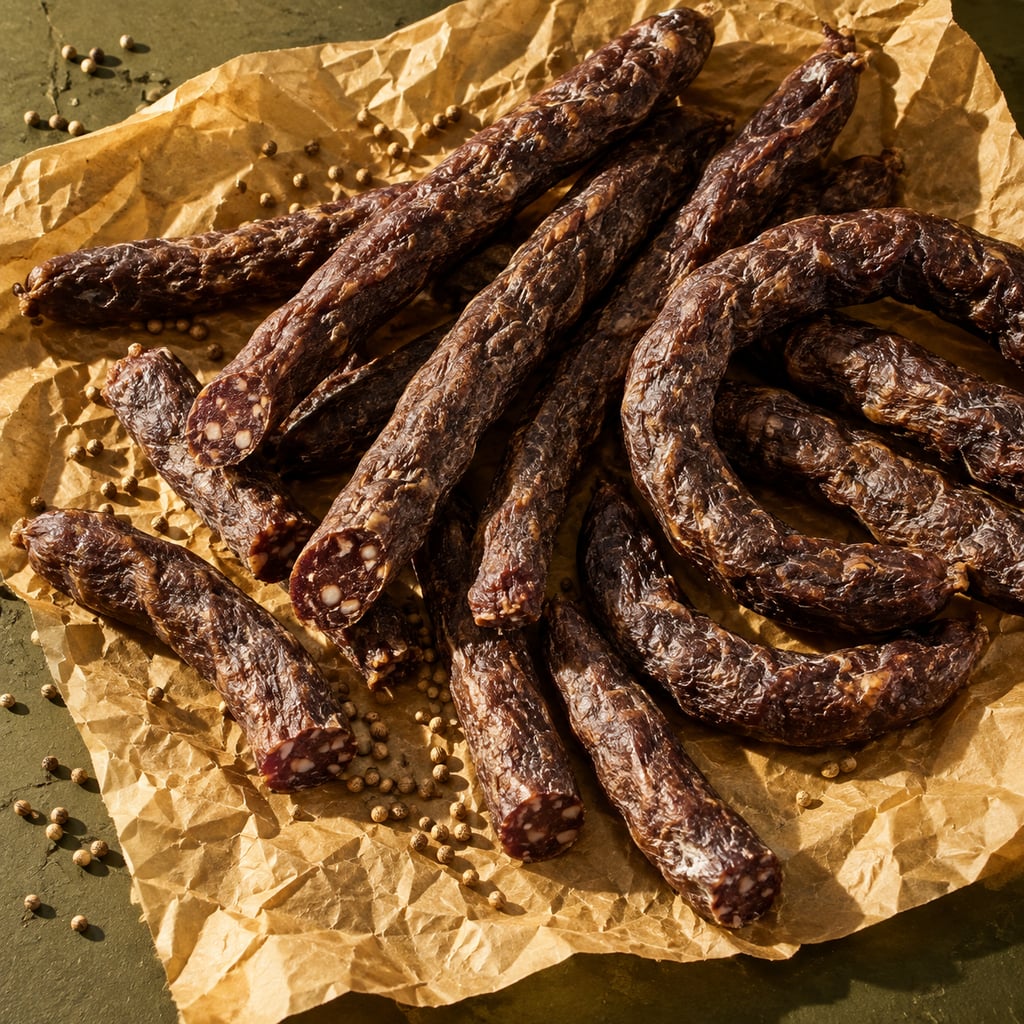 Coils and cut lengths of dry South African droëwors sausage on golden butcher paper