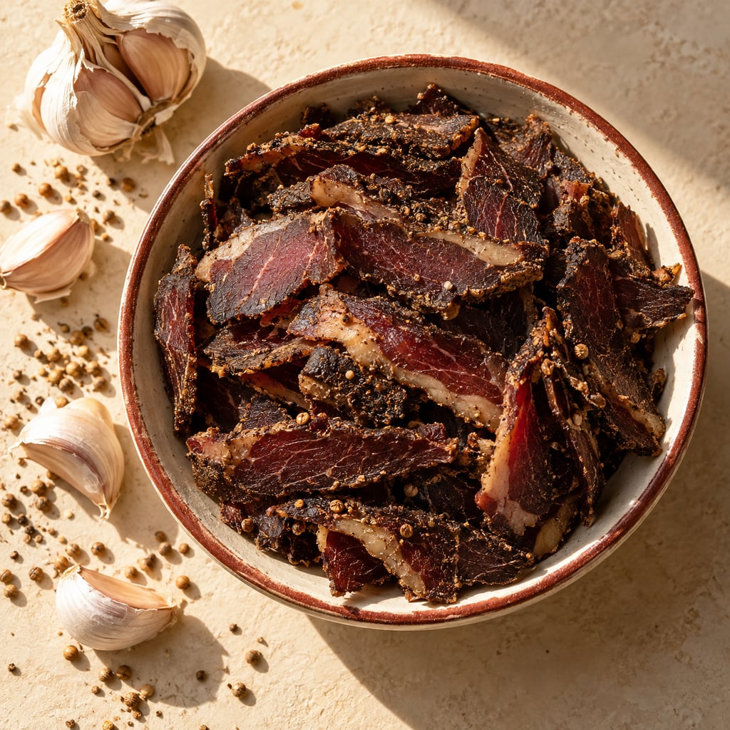 Garlic biltong with its flavour ingredients in warm afternoon light