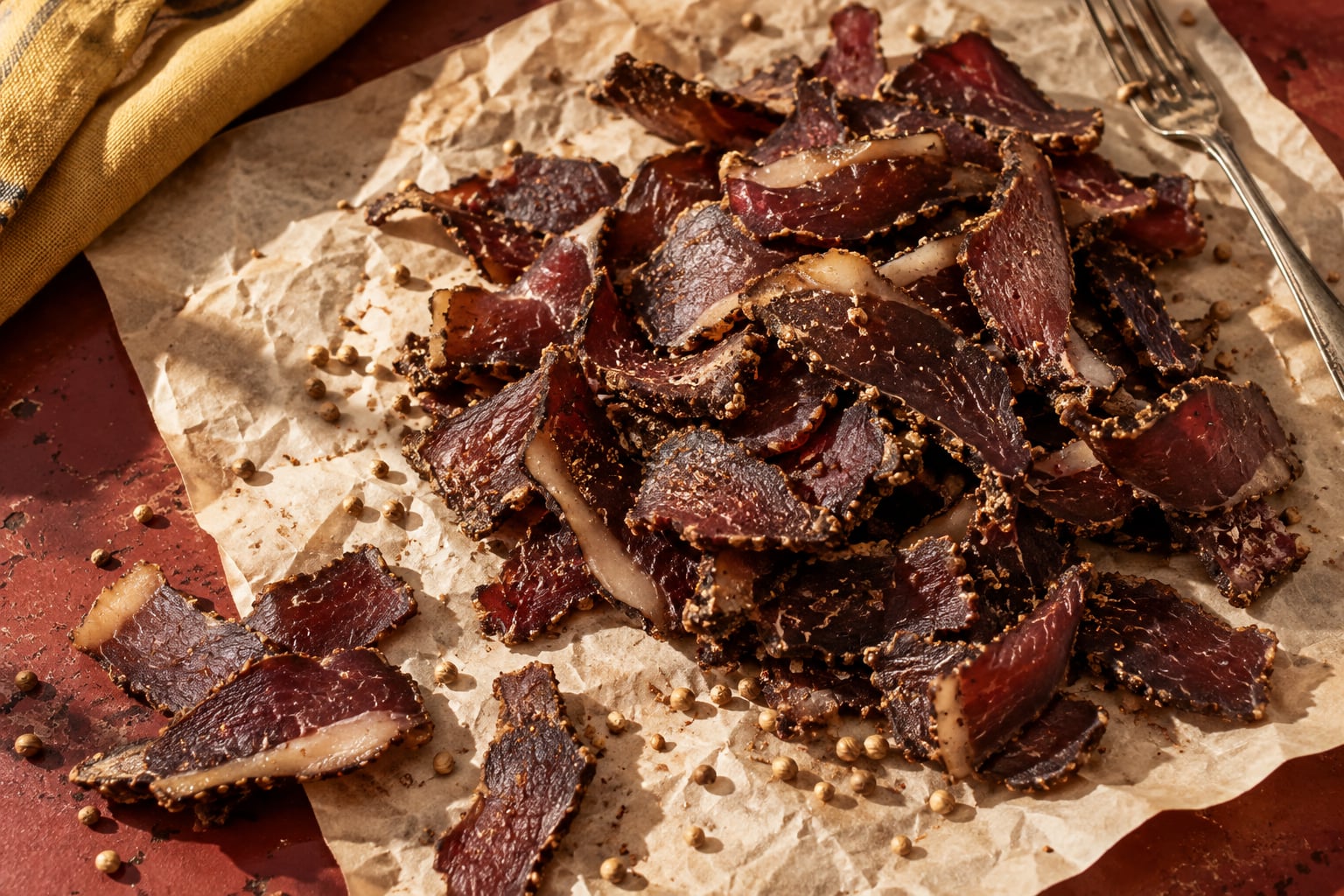 Thinly sliced biltong on butcher paper, with coriander and warm afternoon light