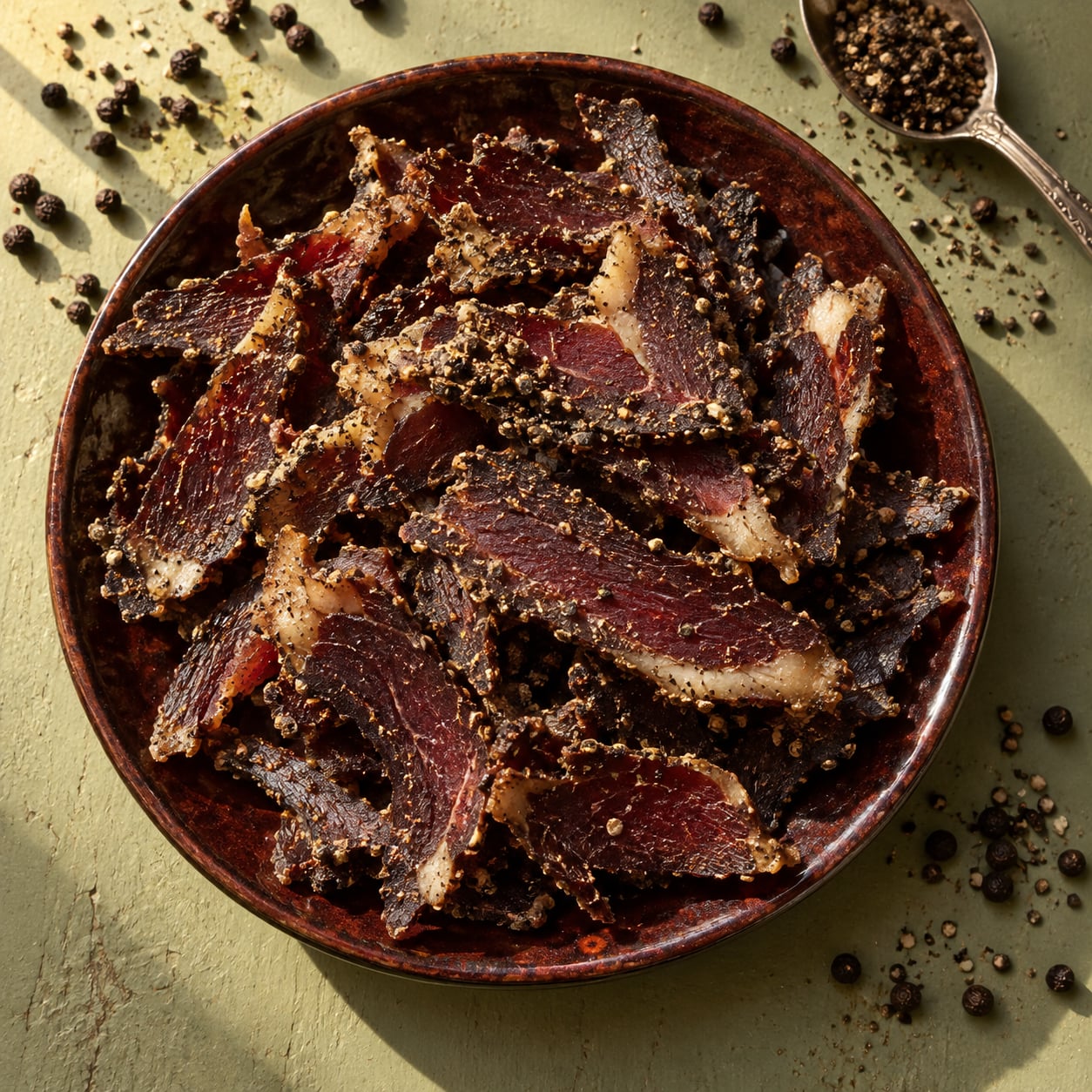 Black pepper biltong on a dark red plate with scattered peppercorns