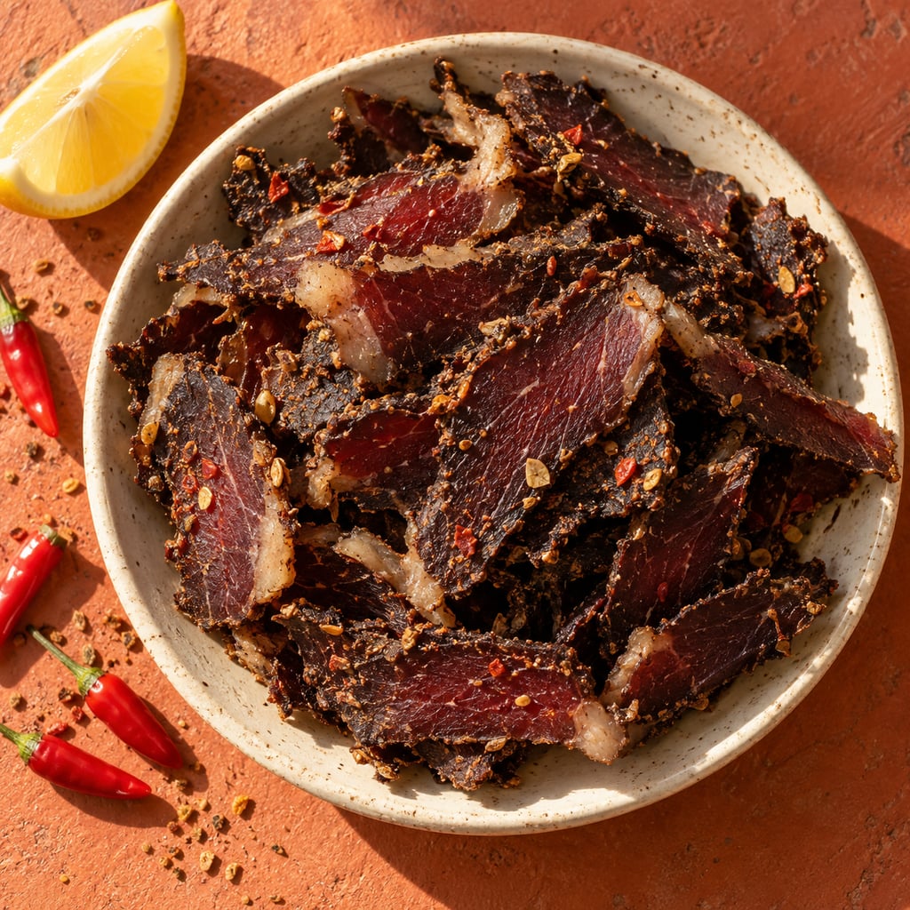 Peri-Peri biltong with its flavour ingredients in warm afternoon light