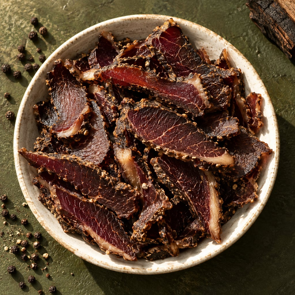 Smoked biltong with its flavour ingredients in warm afternoon light